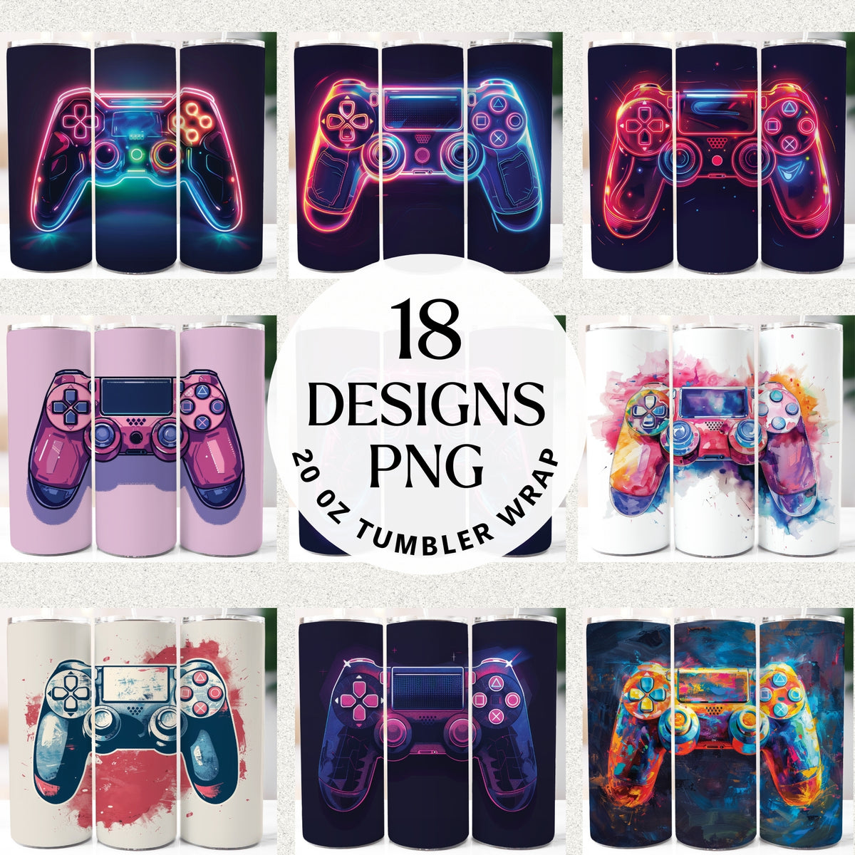 Gaming controller 20 oz tumbler wrap PNG bundle preview with neon and watercolor styles, set of 18 designs