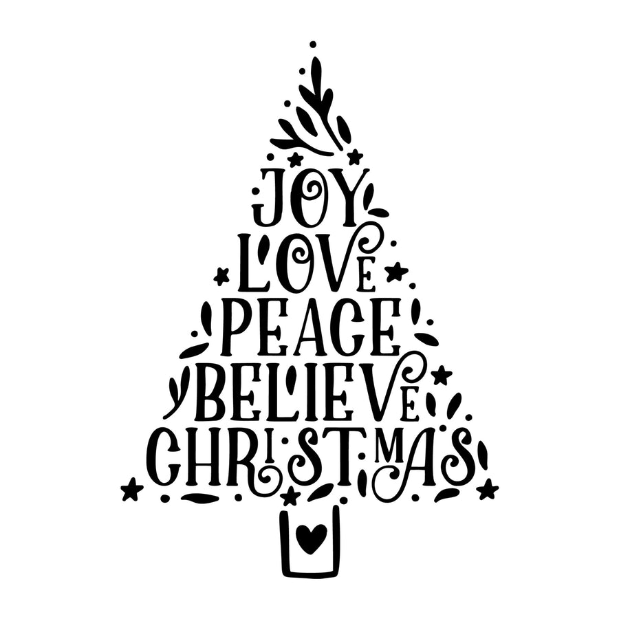 Joy Love Peace Believe Christmas SVG design for Cricut, Silhouette, laser cutting, vinyl, sublimation, Christmas crafts, and DIY projects.