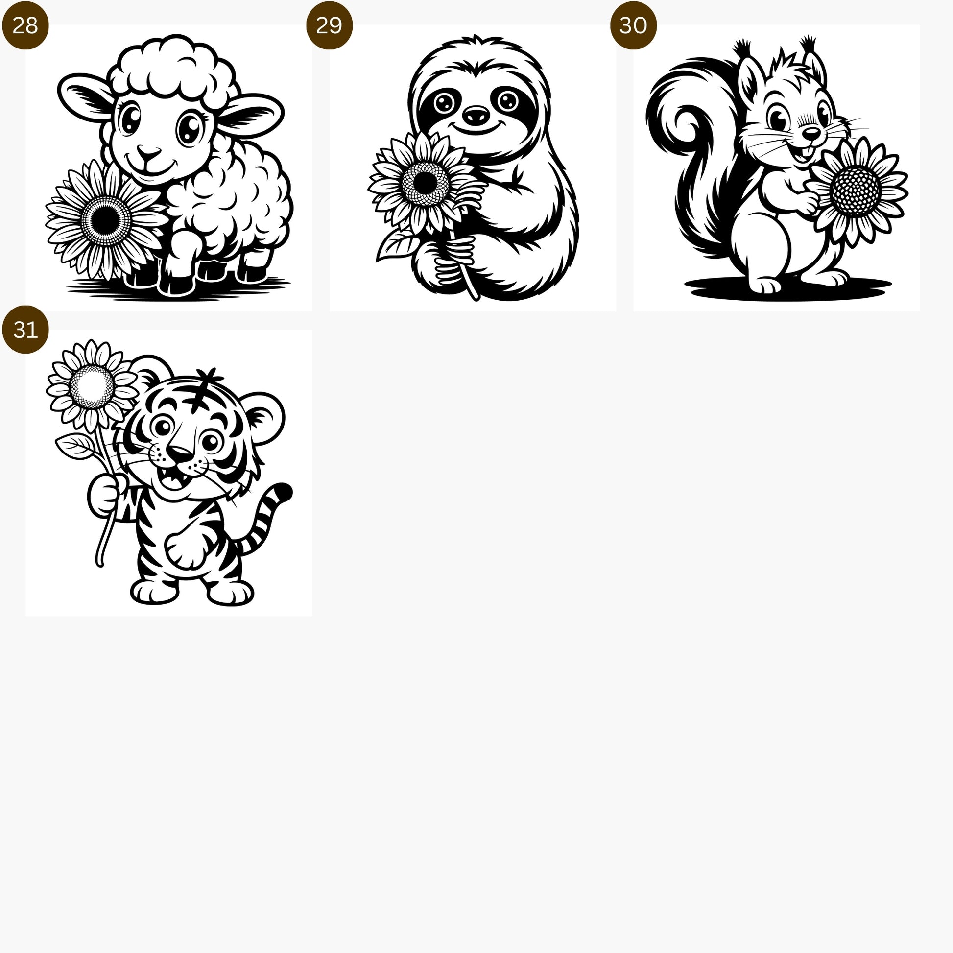 Illustrations of various animals holding sunflowers svg