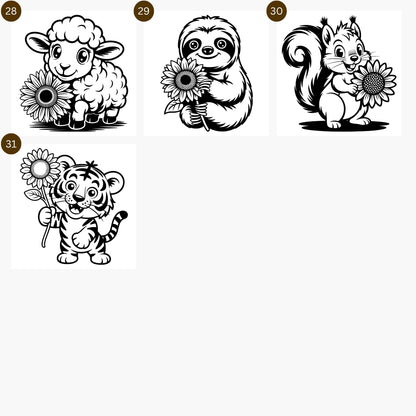 Illustrations of various animals holding sunflowers svg