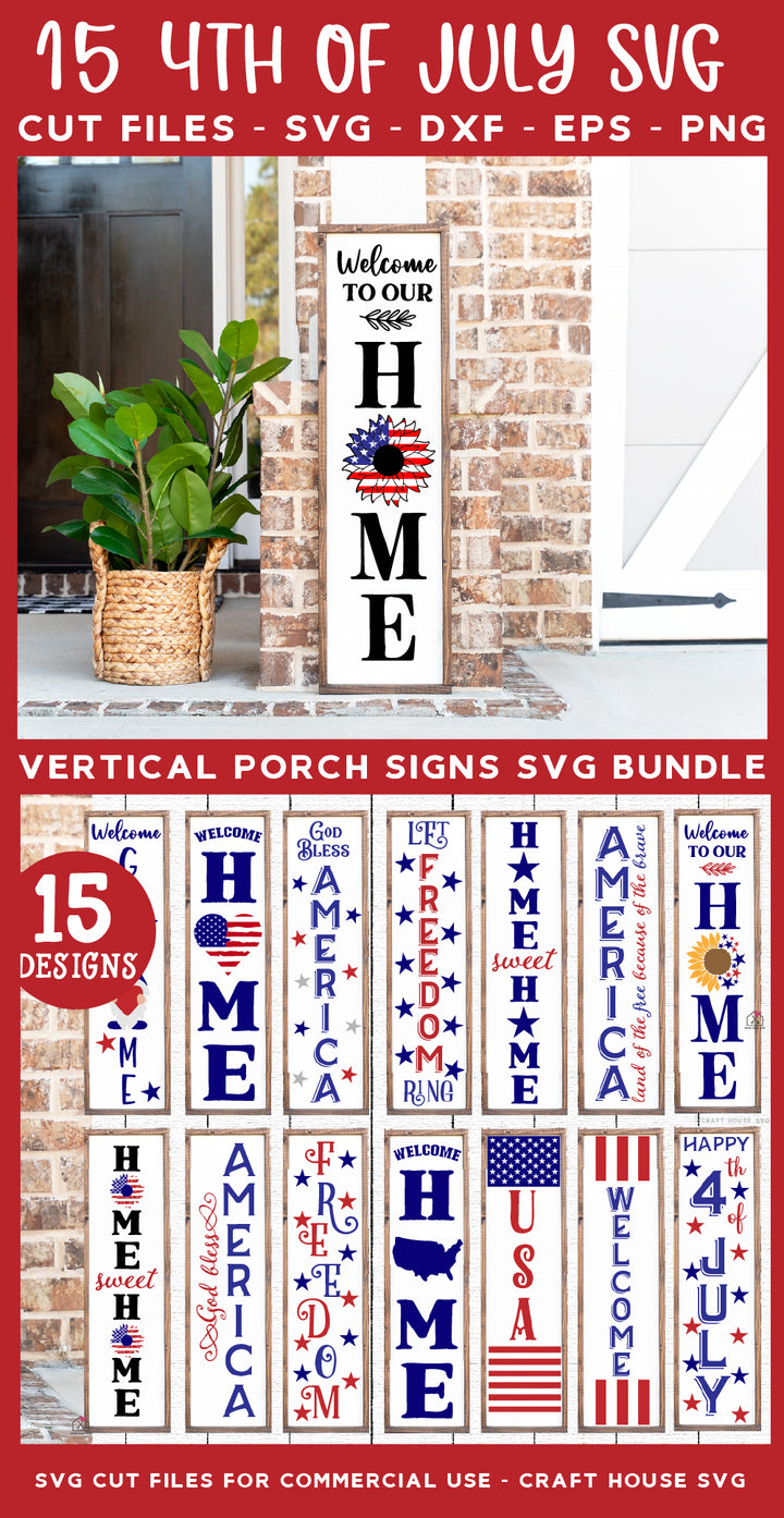 4th of July Vertical Porch Sign SVG Bundle Patriotic Welcome Sign Design Cut Files