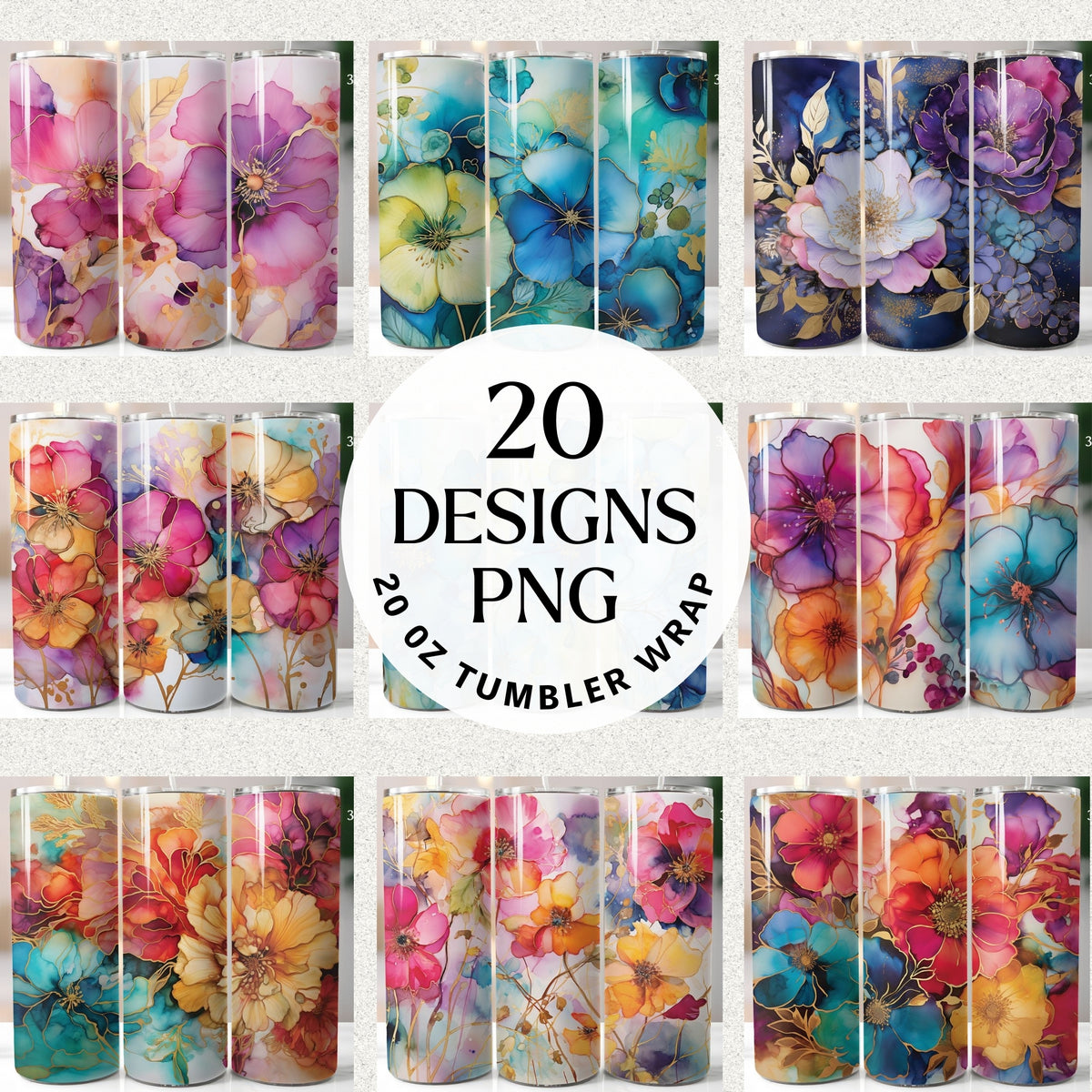Floral alcohol ink tumbler wrap PNG bundle featuring 20 colorful 20oz wrap designs with watercolor-style flowers
