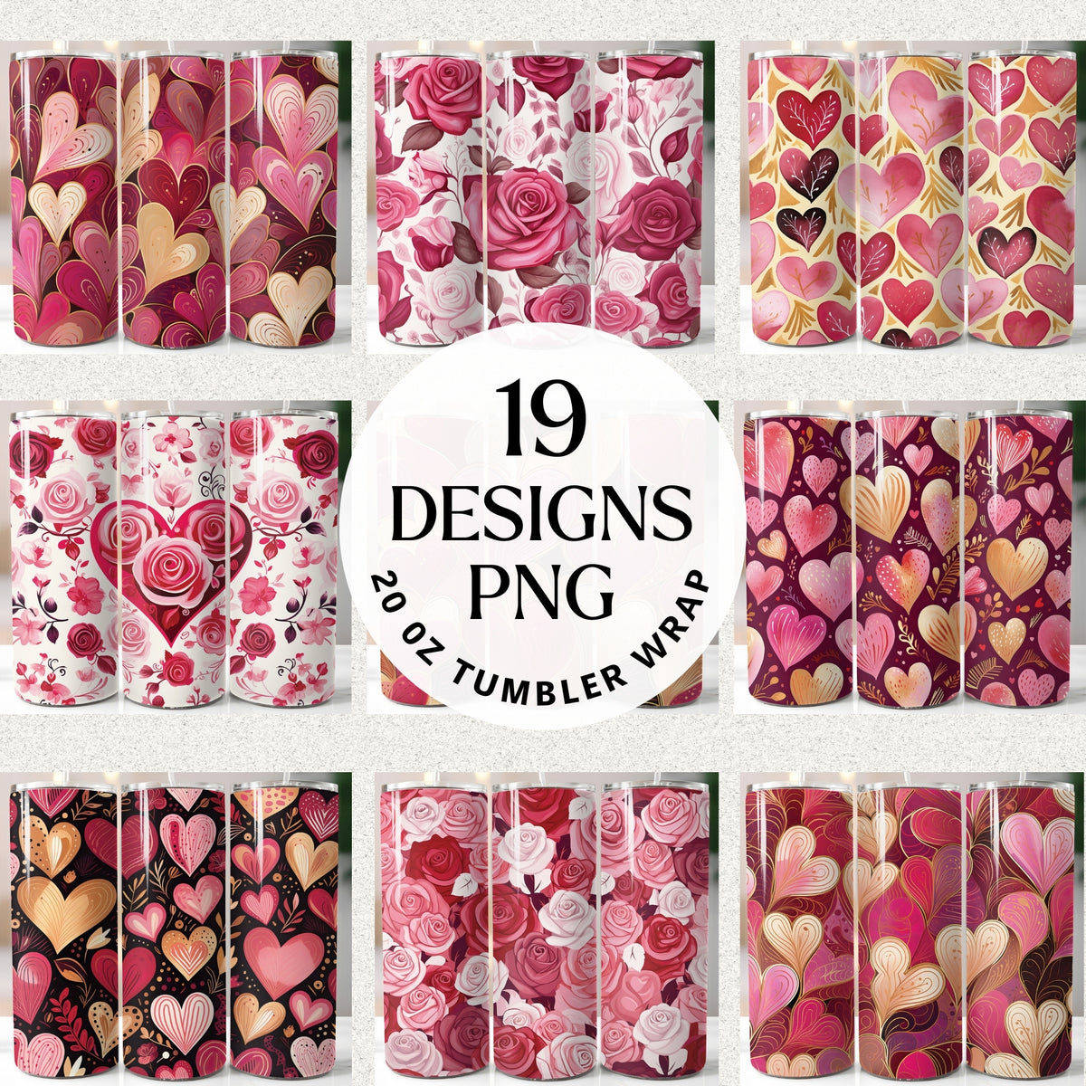 Preview of Valentine tumbler wrap bundle with hearts and rose patterns, 19 PNG designs for 20 oz tumblers