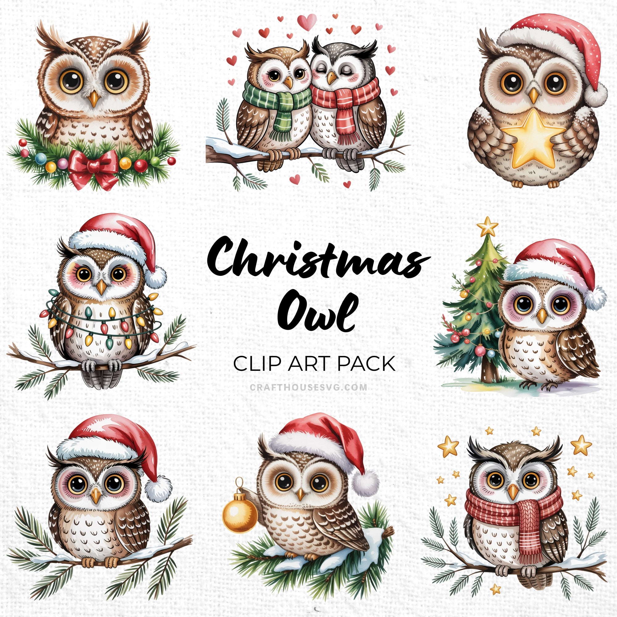 Christmas Owl Clipart Pack Sublimation Bundle PNG