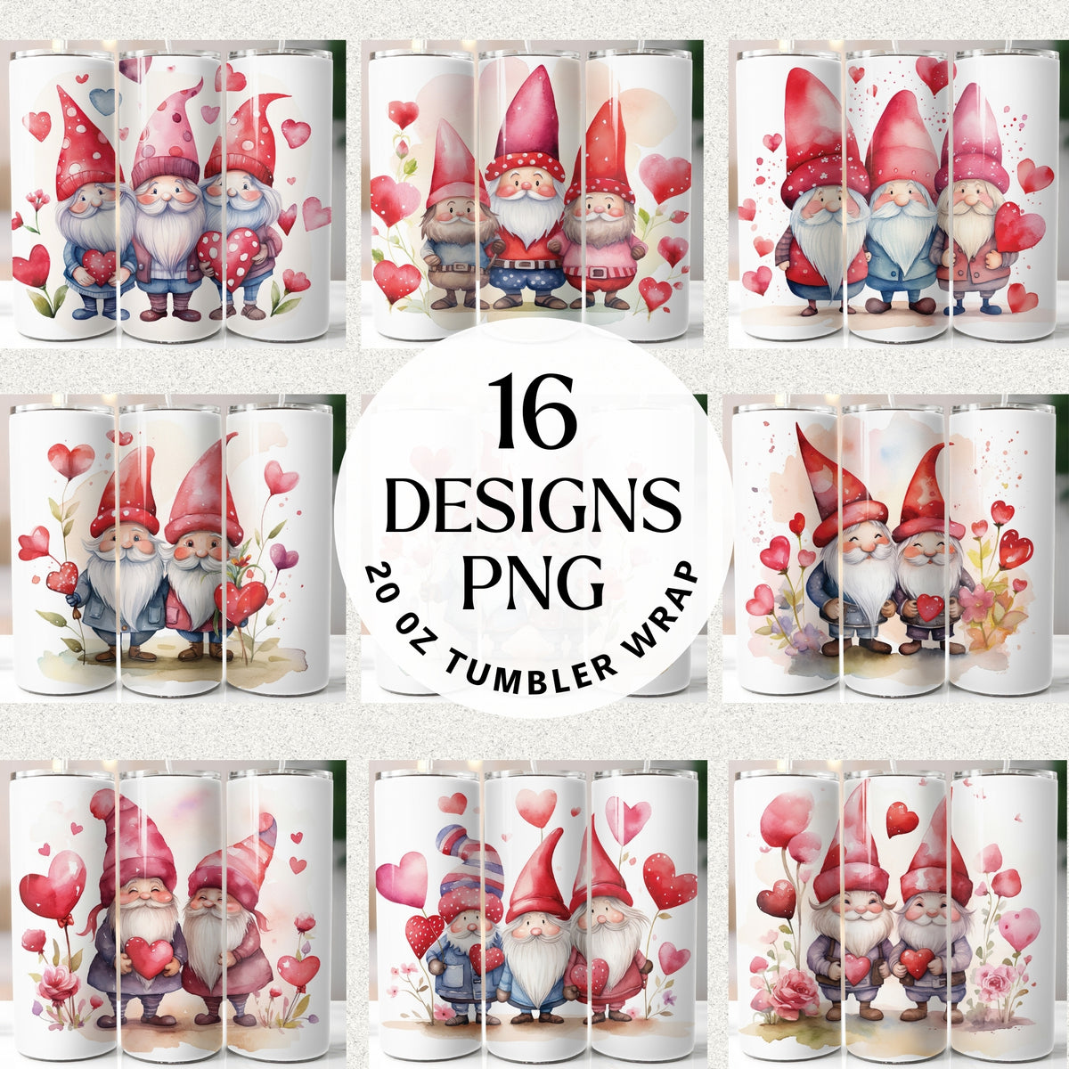 Valentine gnome 20 oz tumbler wrap PNG bundle with 16 heart-themed designs