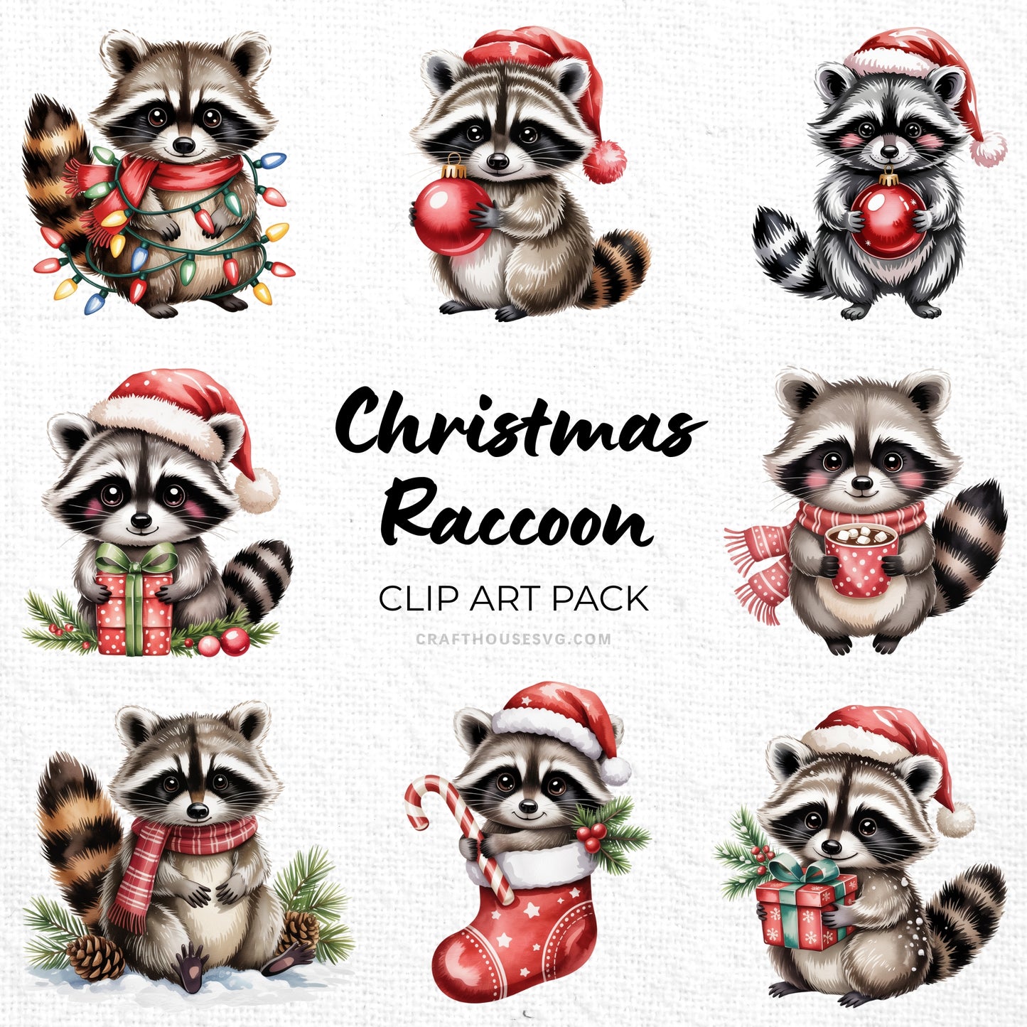 Christmas Raccoon Clipart Pack Sublimation Bundle PNG