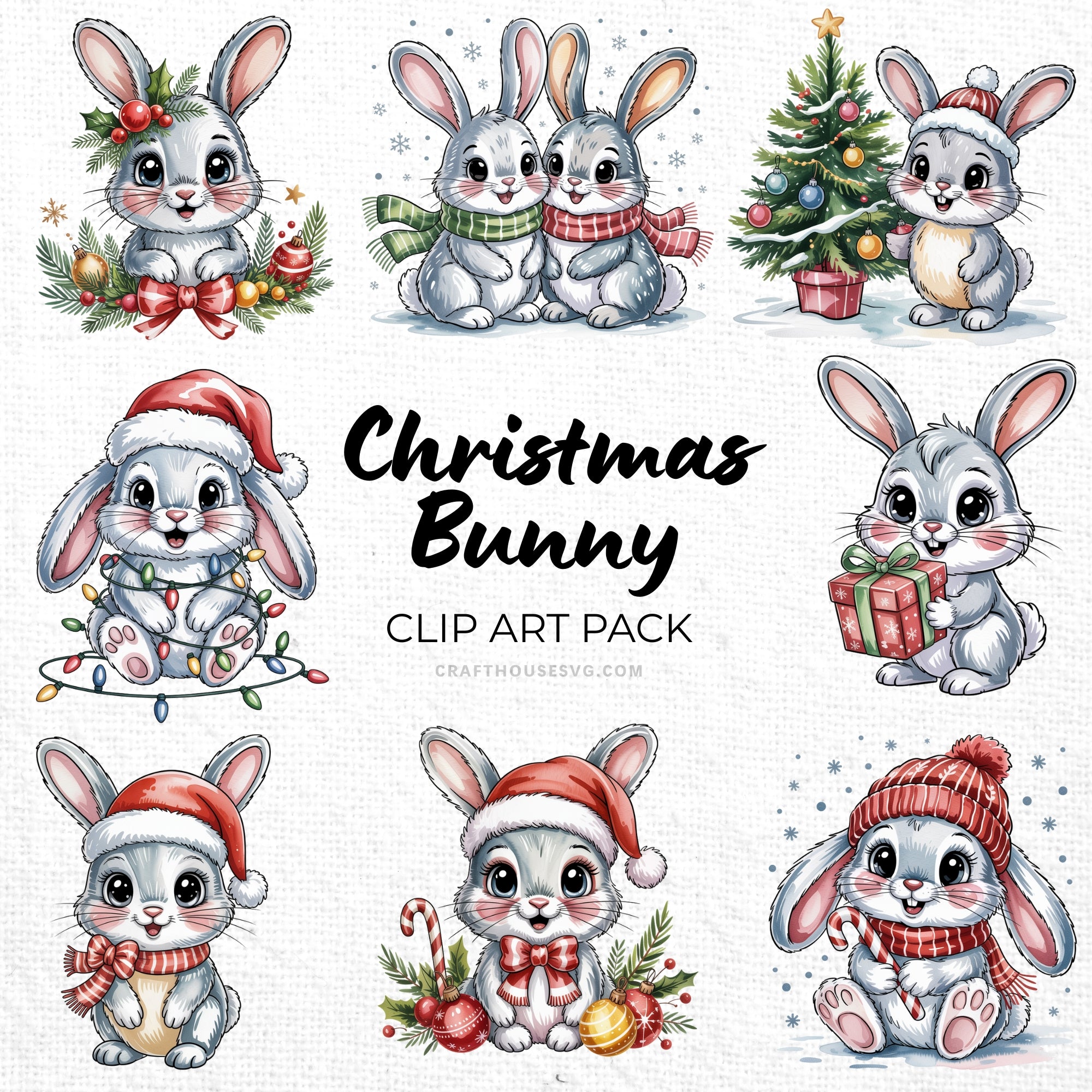 Christmas Bunny Clipart Pack Sublimation Bundle PNG
