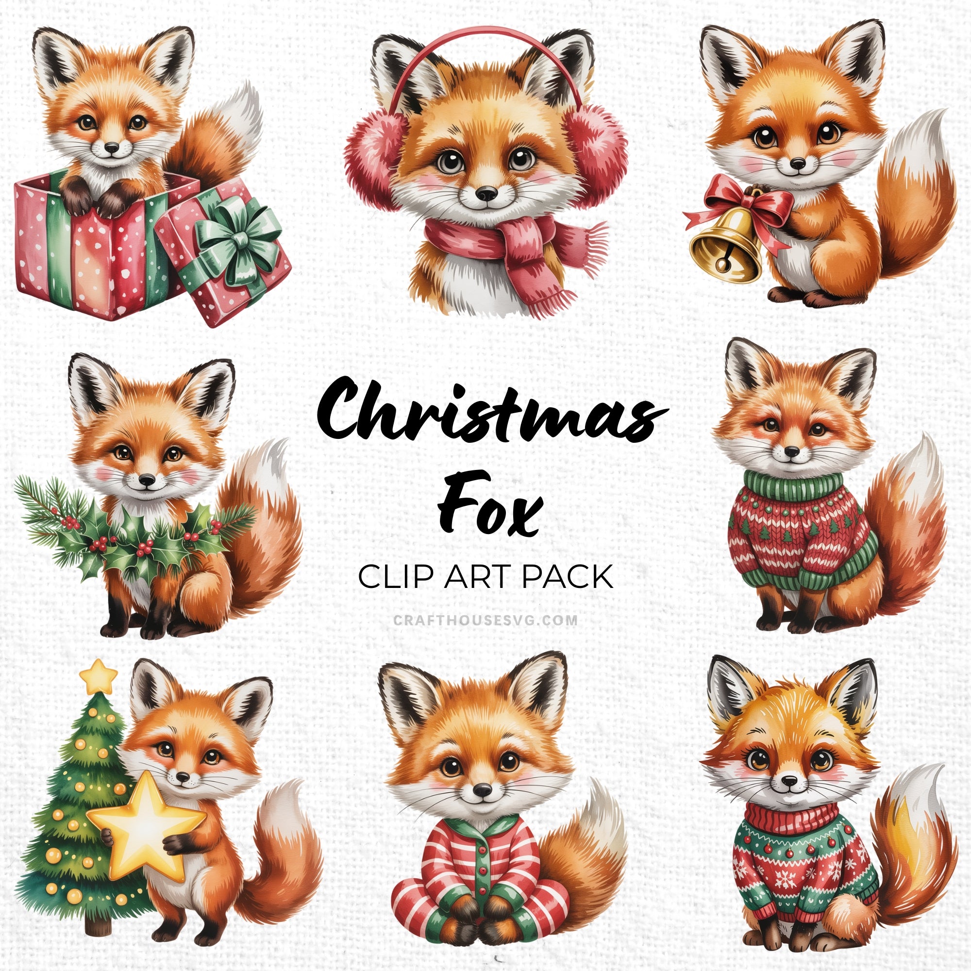 Christmas Fox Clipart Pack Sublimation Bundle PNG