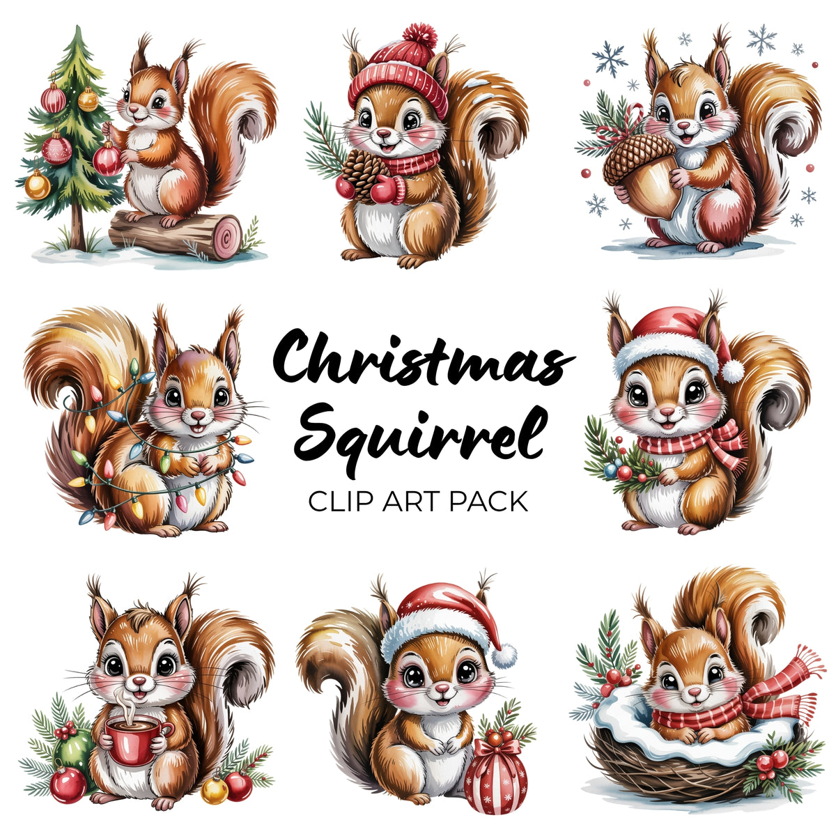 Christmas Squirrel Clipart Pack