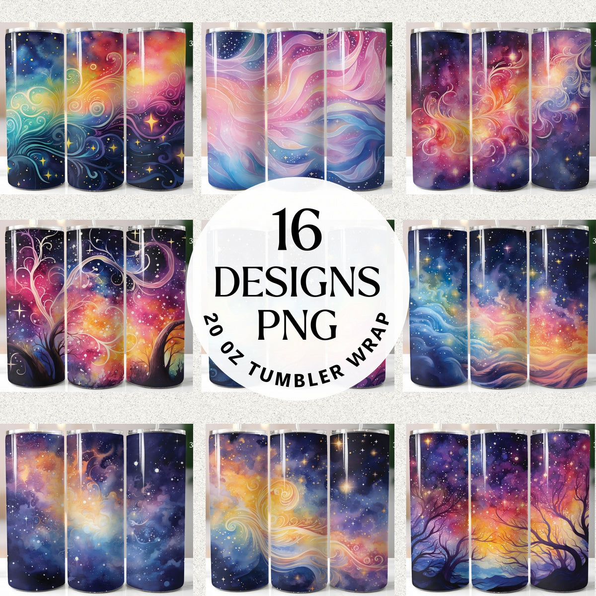 Watercolor galaxy tumbler wrap bundle featuring 16 abstract night-sky designs for 20 oz tumblers