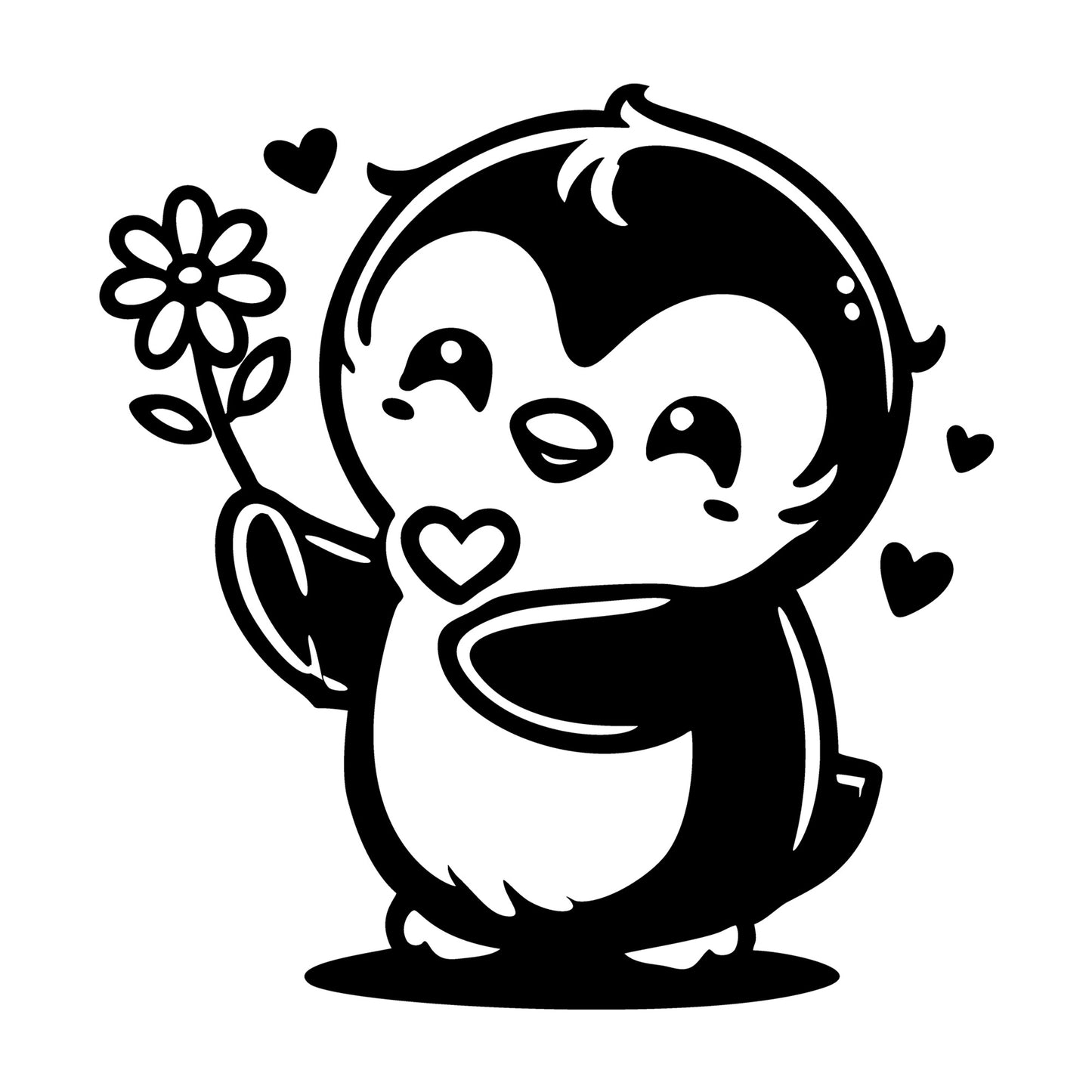 A Cute Penguin Offering Flower SVG design for Cricut, Silhouette, laser cutting, vinyl, sublimation, and craft projects.