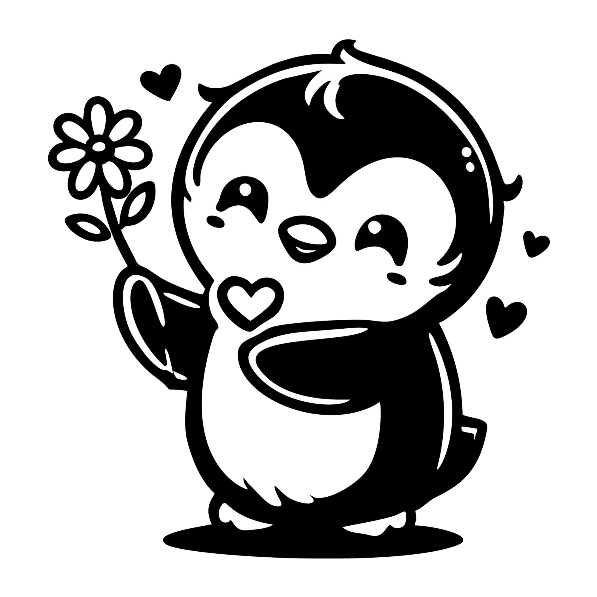A Cute Penguin Offering Flower SVG design for Cricut, Silhouette, laser cutting, vinyl, sublimation, and craft projects.