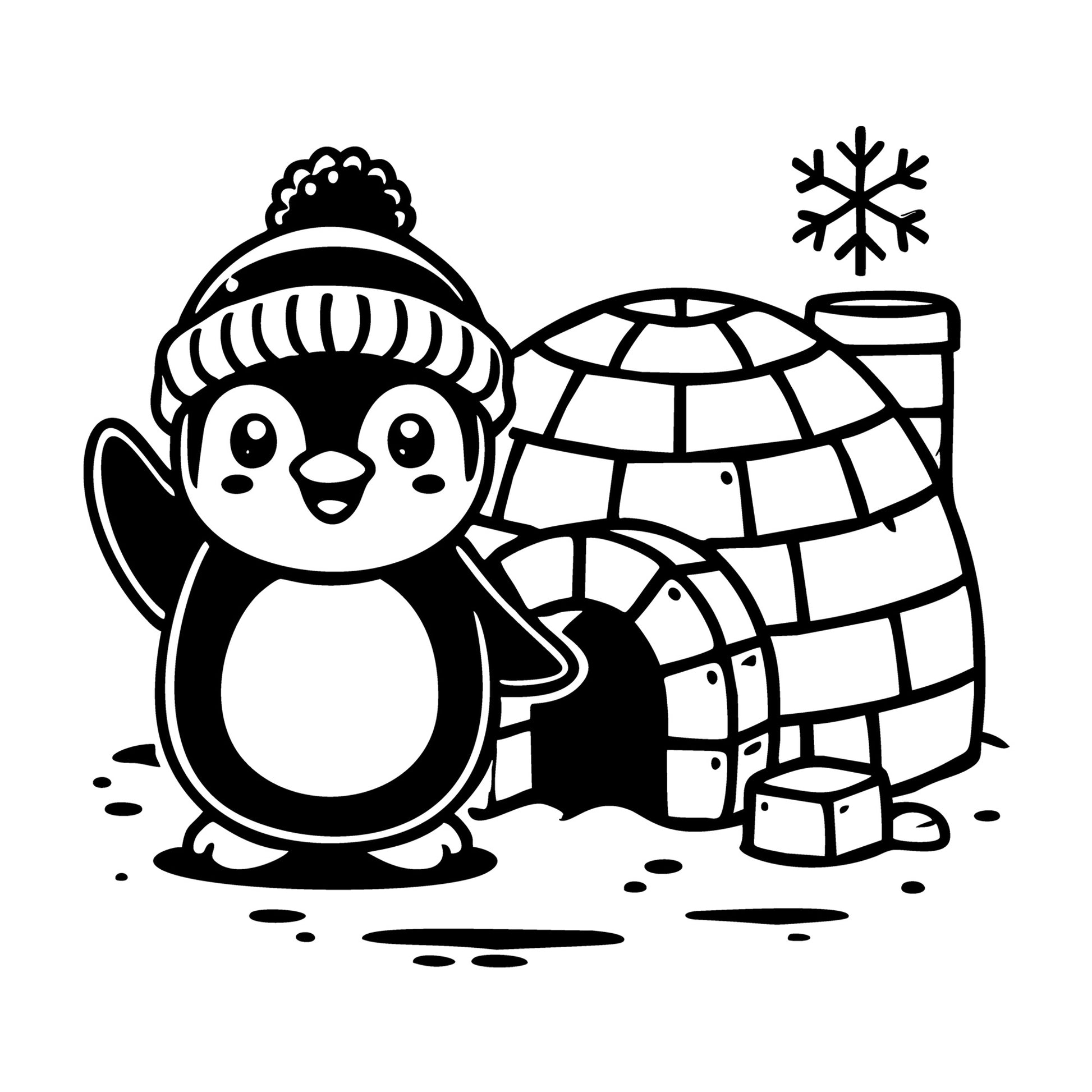 A Happy Penguin Next to an Igloo SVG design for Cricut, Silhouette, laser cutting, vinyl, sublimation, and craft projects.