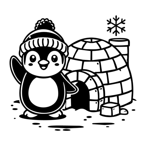 A Happy Penguin Next to an Igloo SVG design for Cricut, Silhouette, laser cutting, vinyl, sublimation, and craft projects.