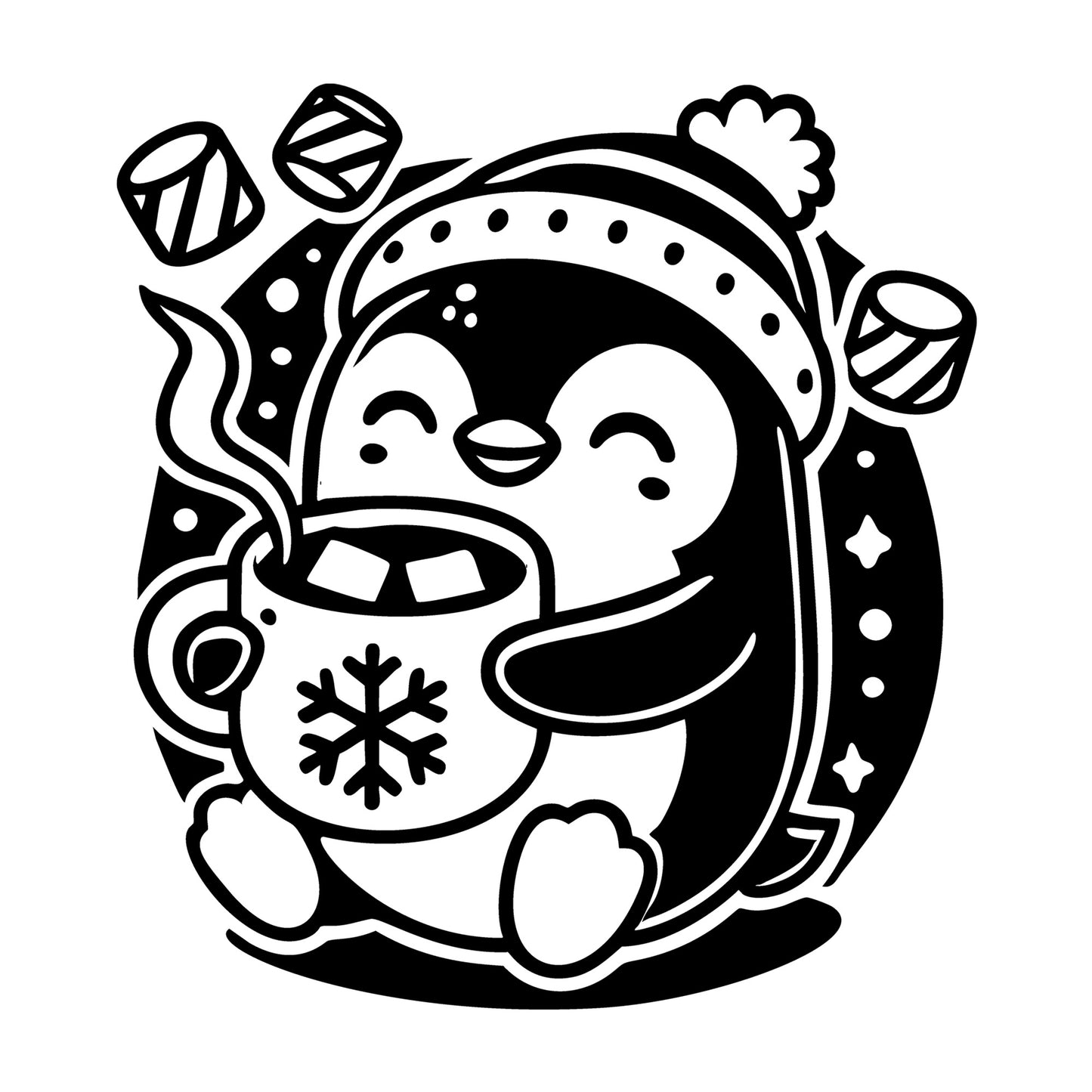 A Penguin Holding A Cup of Hot Cocoa SVG design for Cricut, Silhouette, laser cutting, vinyl, sublimation, and craft projects.