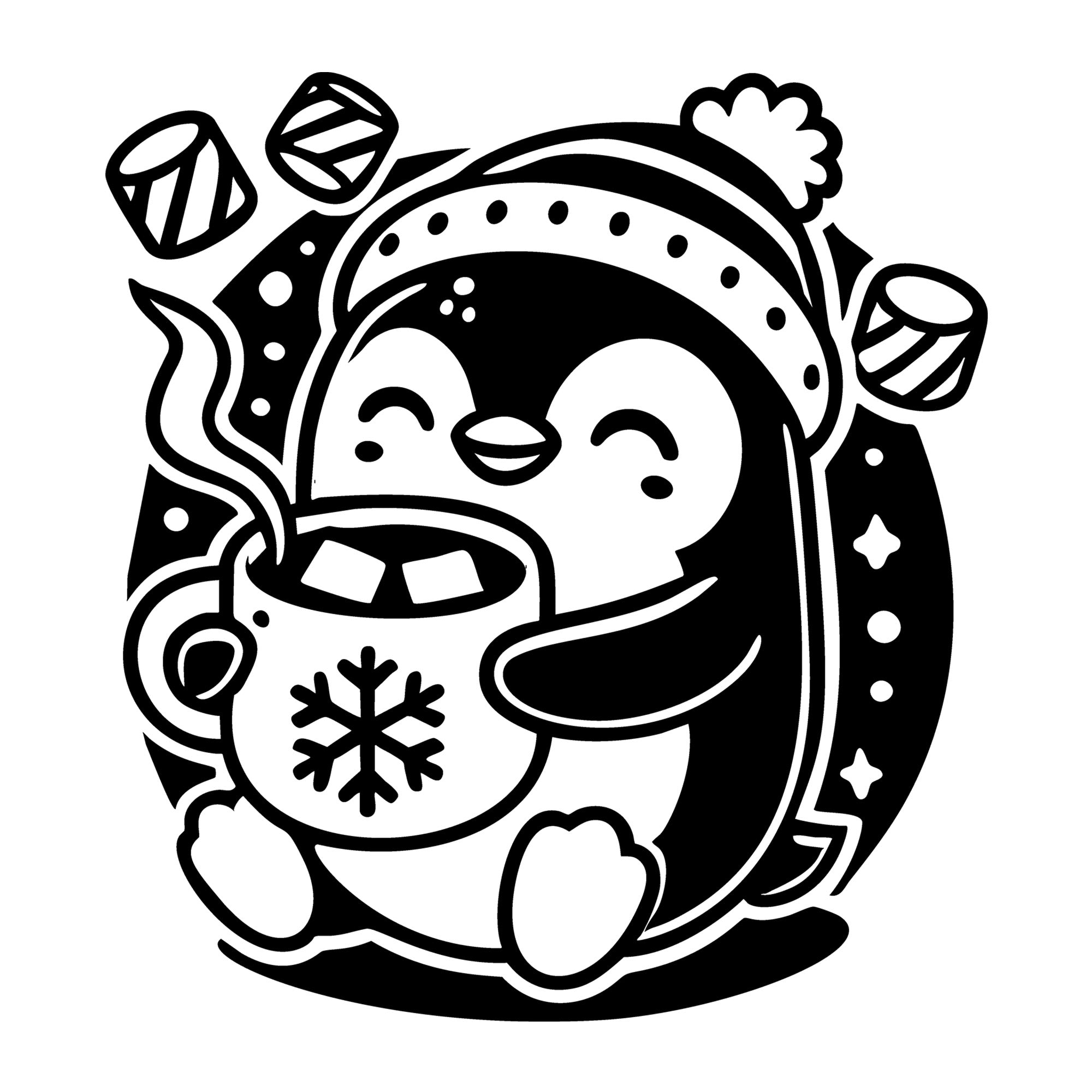 A Penguin Holding A Cup of Hot Cocoa SVG design for Cricut, Silhouette, laser cutting, vinyl, sublimation, and craft projects.