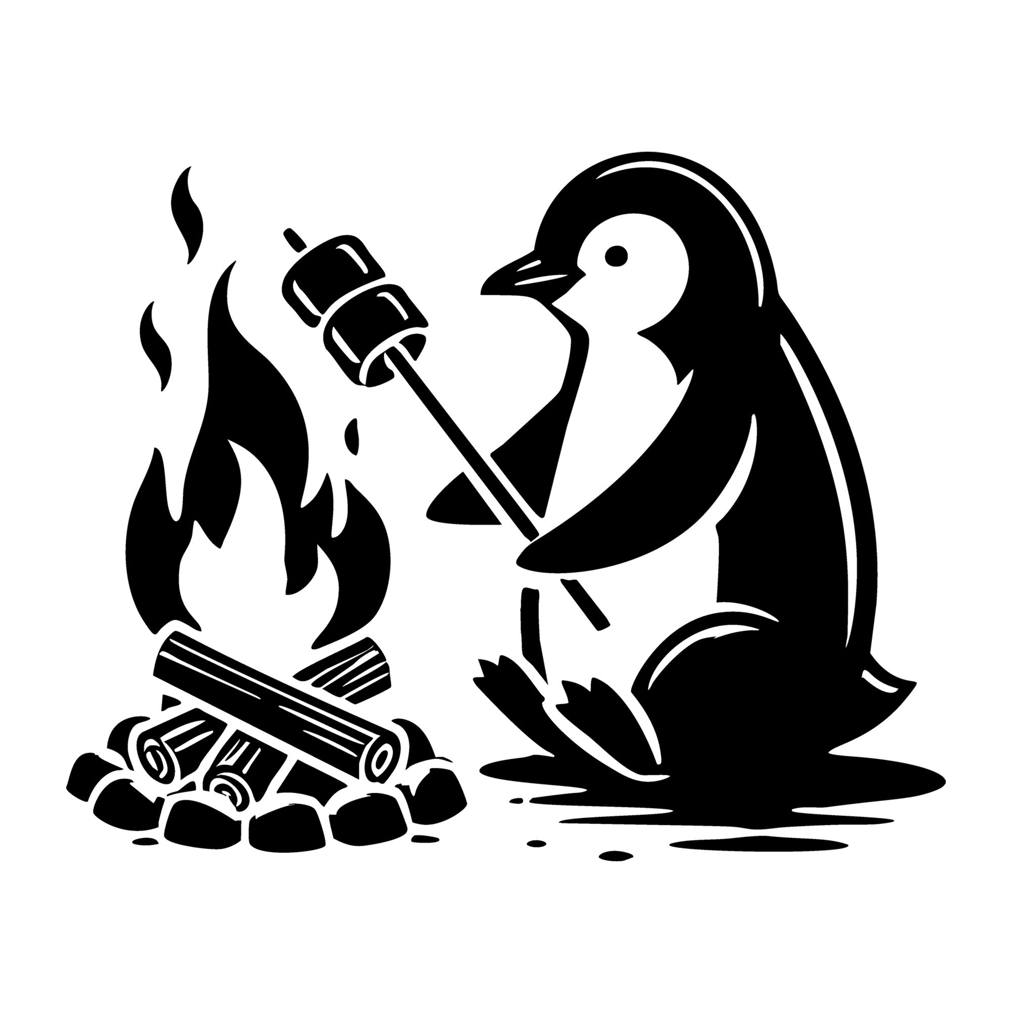 A Penguin Roasting Marshmallows SVG design for Cricut, Silhouette, laser cutting, vinyl, sublimation, and craft projects.