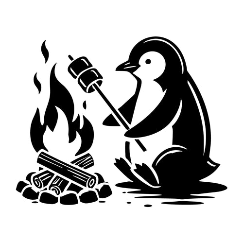 A Penguin Roasting Marshmallows SVG design for Cricut, Silhouette, laser cutting, vinyl, sublimation, and craft projects.