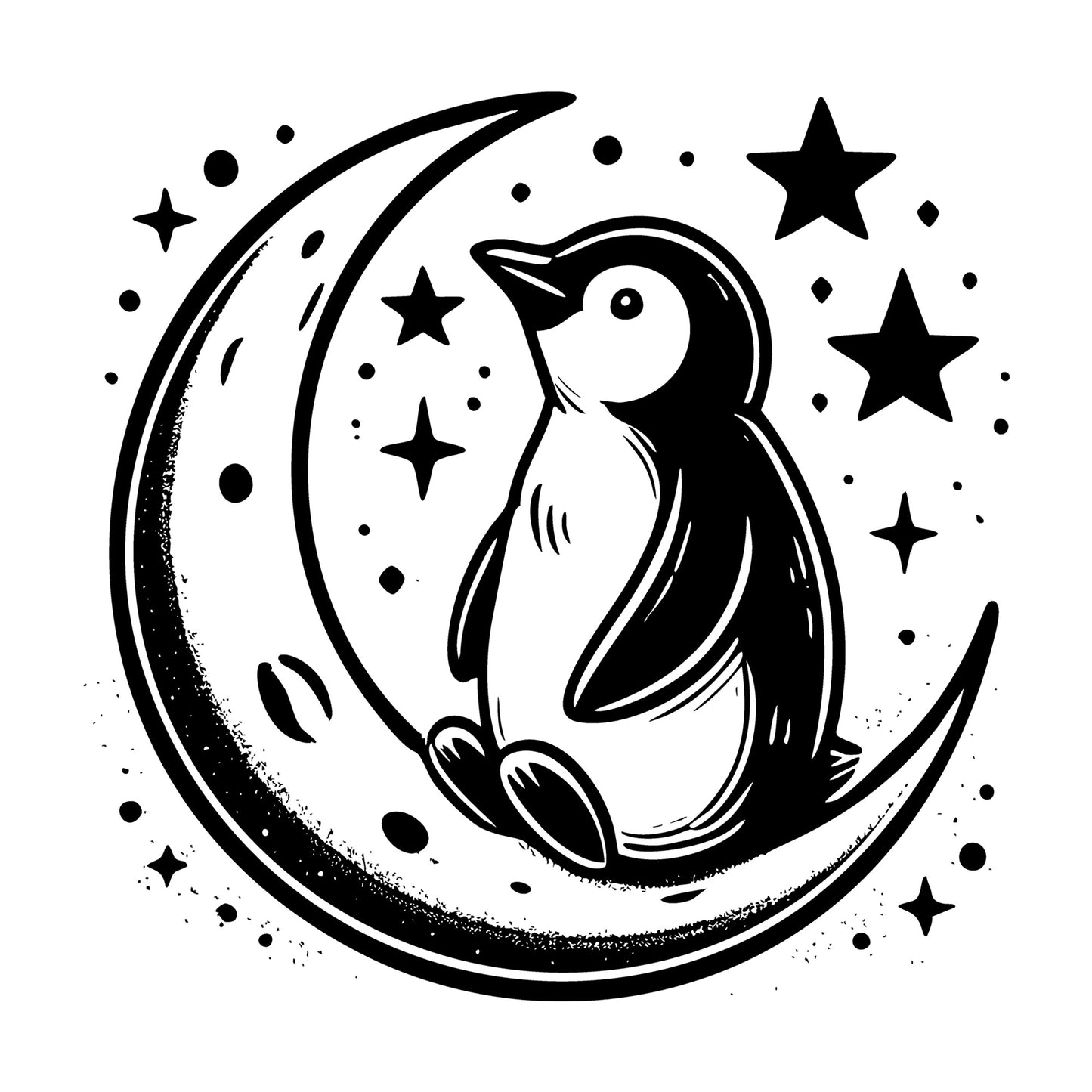 A Penguin Sitting on a Crescent Moon SVG design for Cricut, Silhouette, laser cutting, vinyl, sublimation, and craft projects.