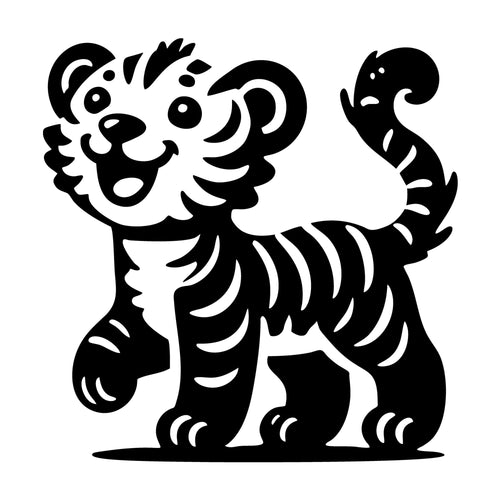 Adorable Happy Tiger Cub Standing Silhouette SVG design for Cricut, Silhouette, laser cutting, vinyl, sublimation, and craft projects.