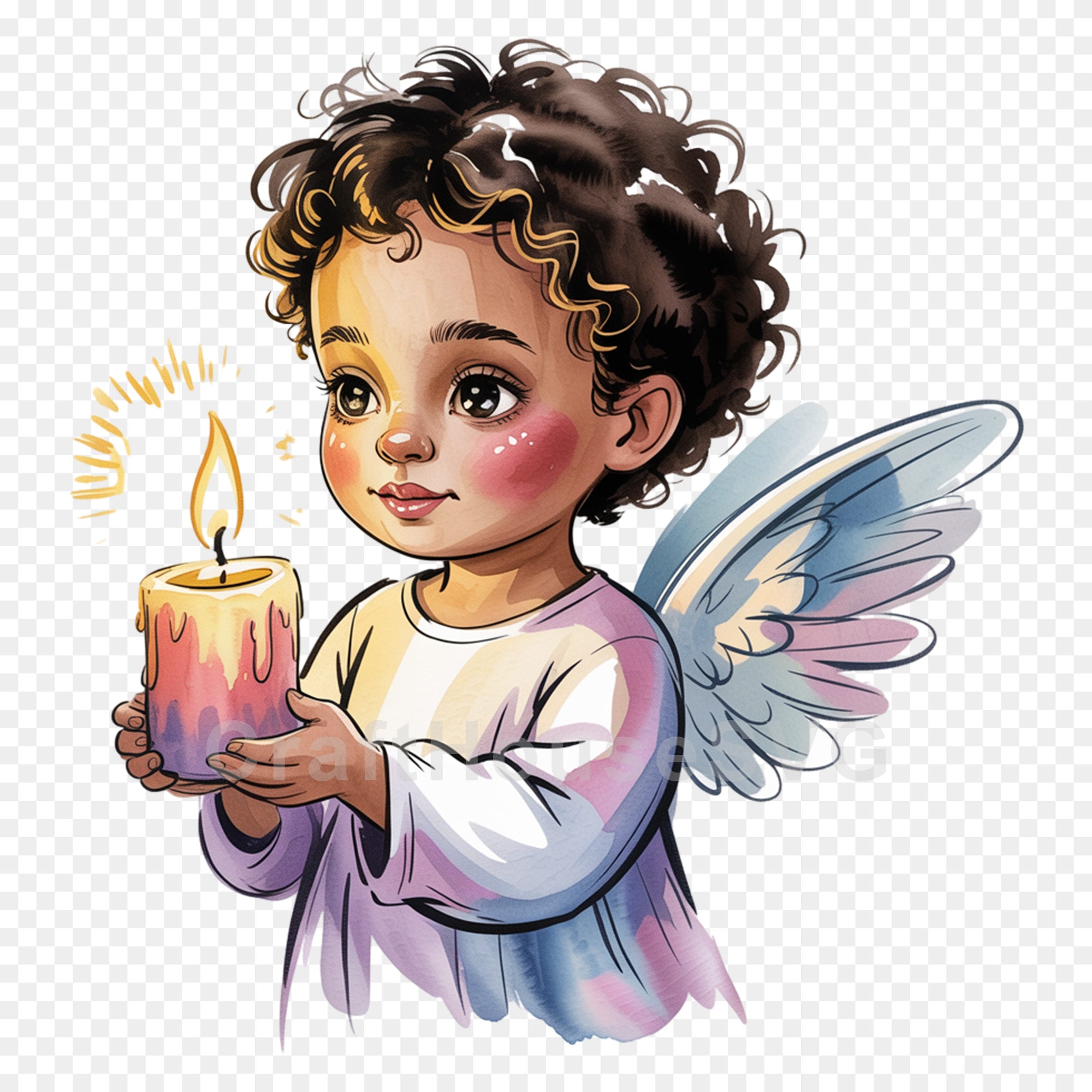 African American Angel Holding Candle PNG Clip Art Sublimation