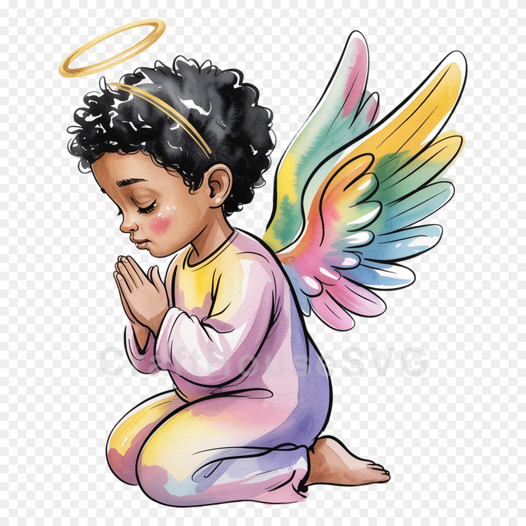 African American Angel in Prayer PNG Clip Art Sublimation