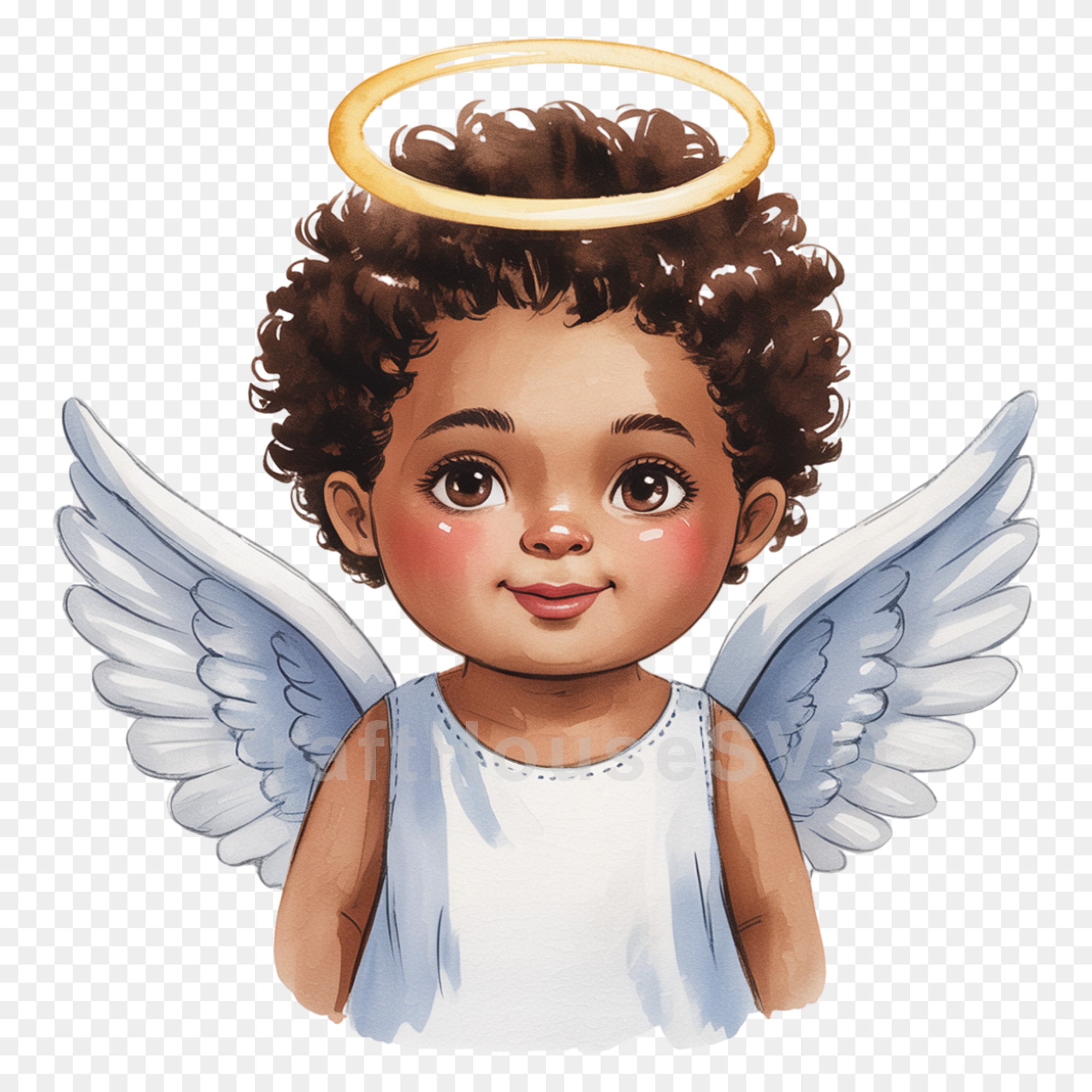 African American Baby Angel with Halo PNG Clip Art Sublimation