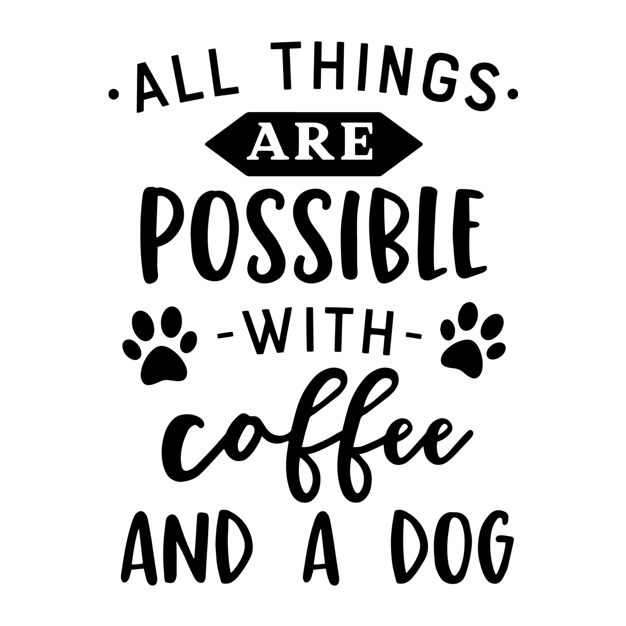 All Things Are Possible with Coffee and a Dog SVG for Cricut, Silhouette, laser cutting, vinyl, sublimation, dog shirts, decals, mugs, and DIY craft projects.