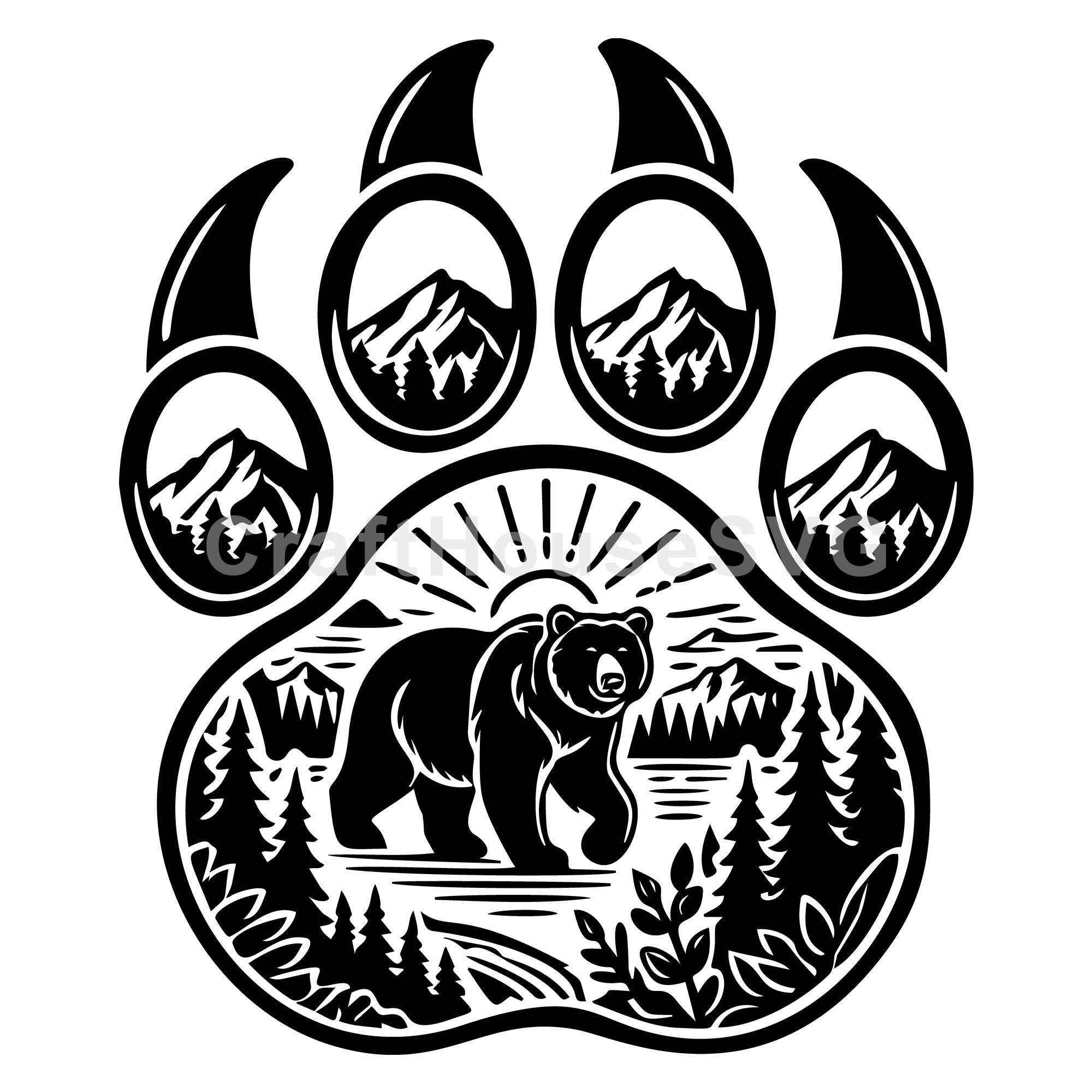 Bear Paw Print With Mountain And Forest Scene SVG