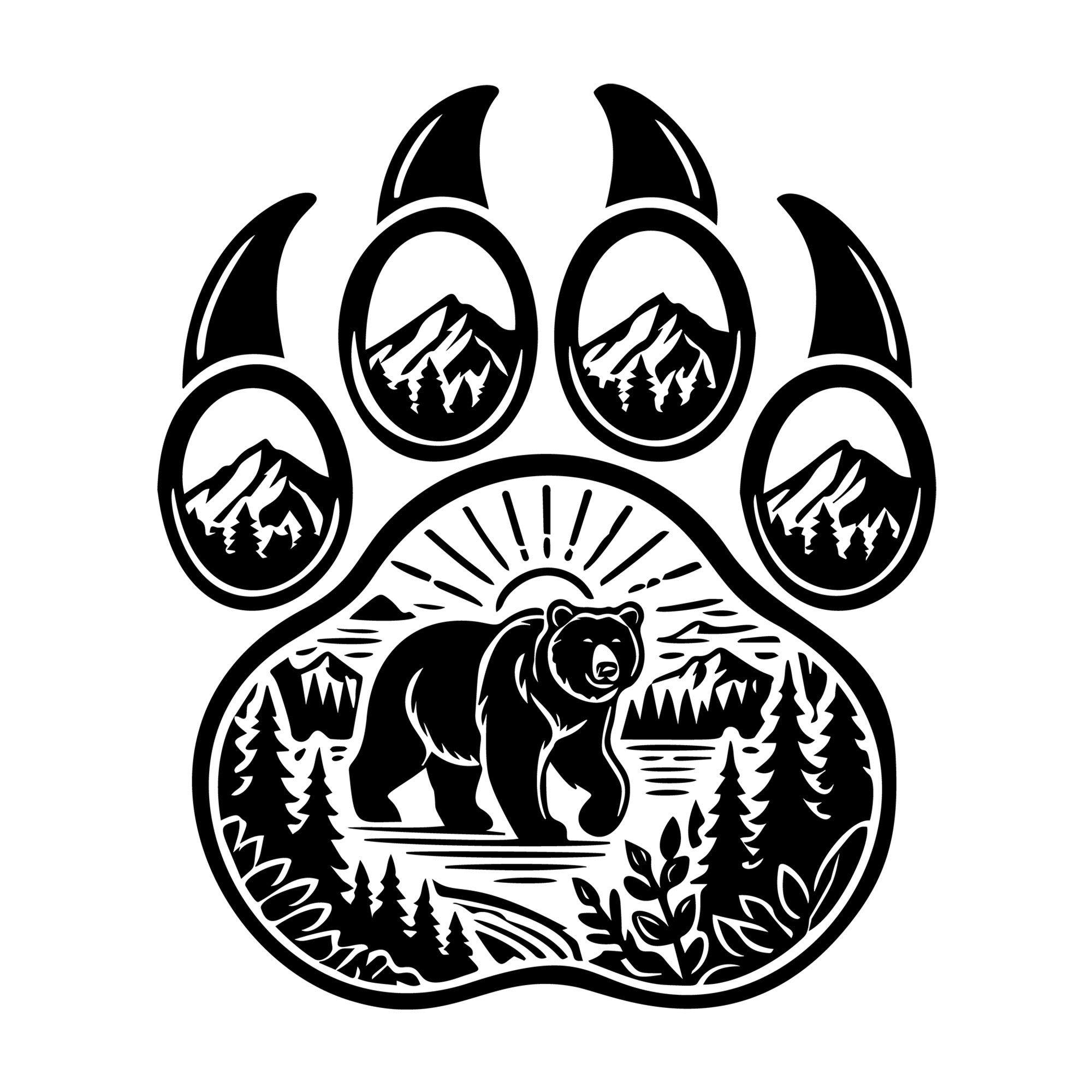 Bear Paw Print Integrated Nature Scene SVG design for Cricut, Silhouette, laser cutting, vinyl, sublimation, and craft projects.