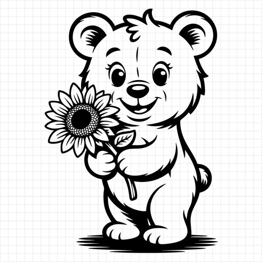 Cute Bear Holding Sunflower SVG