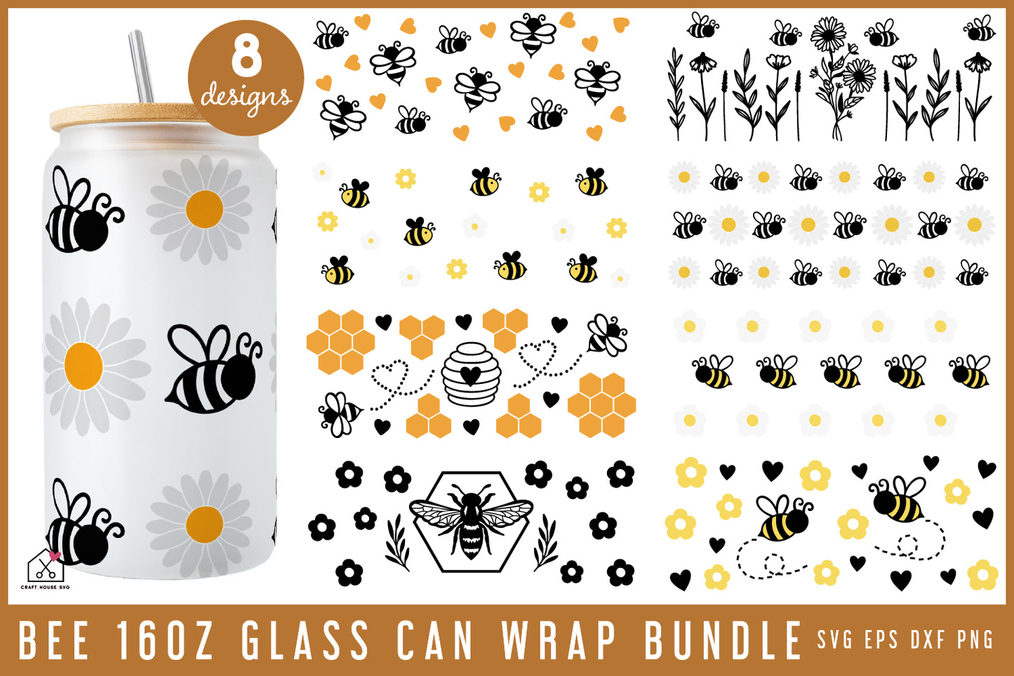 Bee 16 Oz Glass Can Wrap SVG Bundle