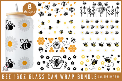 Bee 16 Oz Glass Can Wrap SVG Bundle