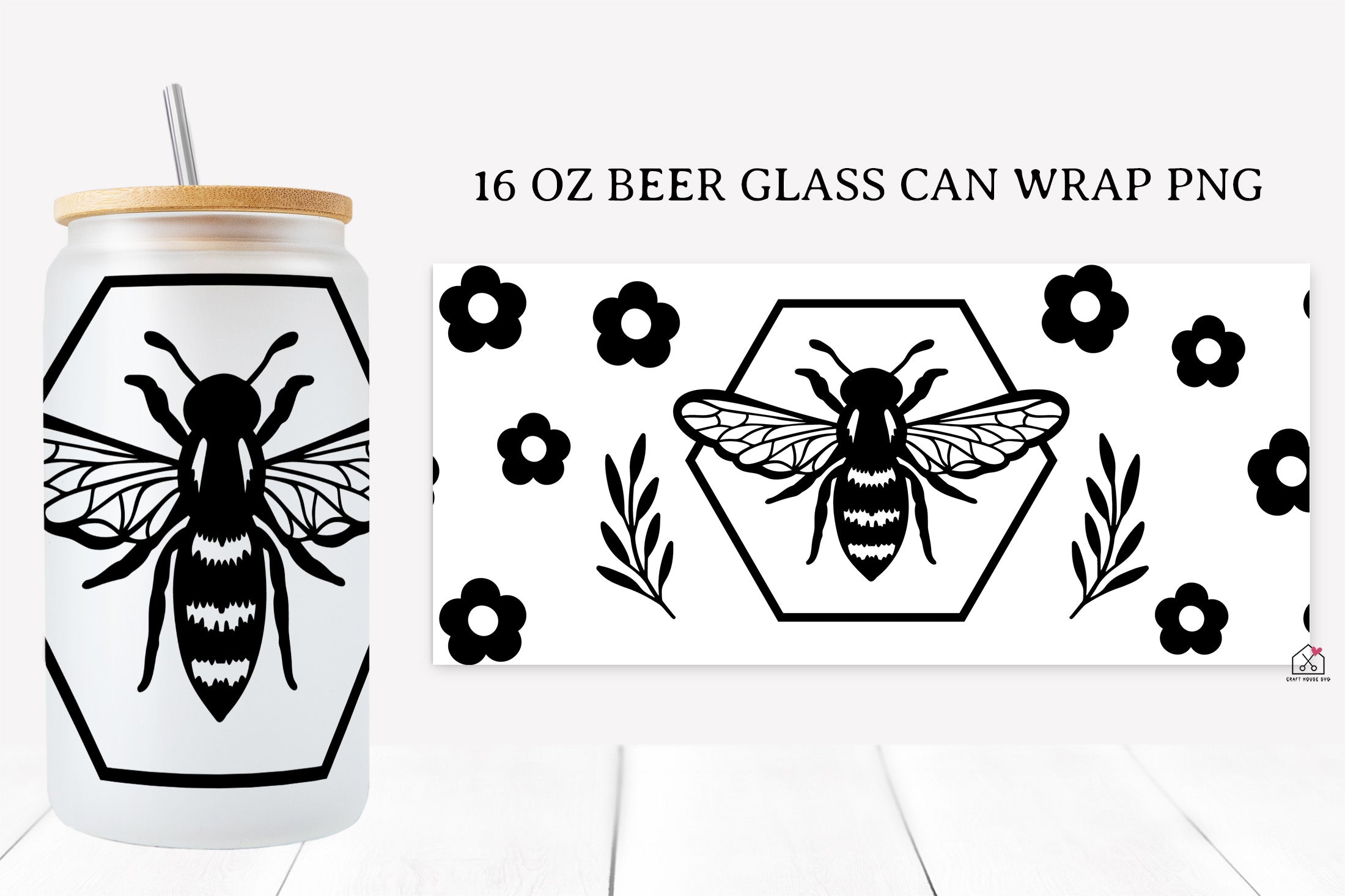 Bee 16 Oz Glass Can Wrap SVG Bundle PNG SVG Cut Files