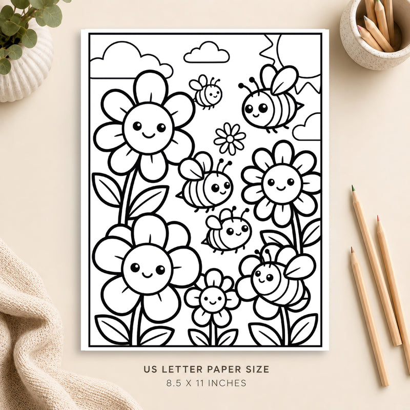 Bees and Flowers Coloring Page 1