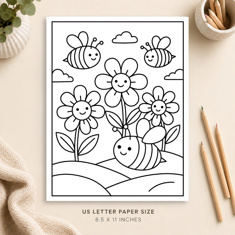 Bees and Flowers Coloring Page 3