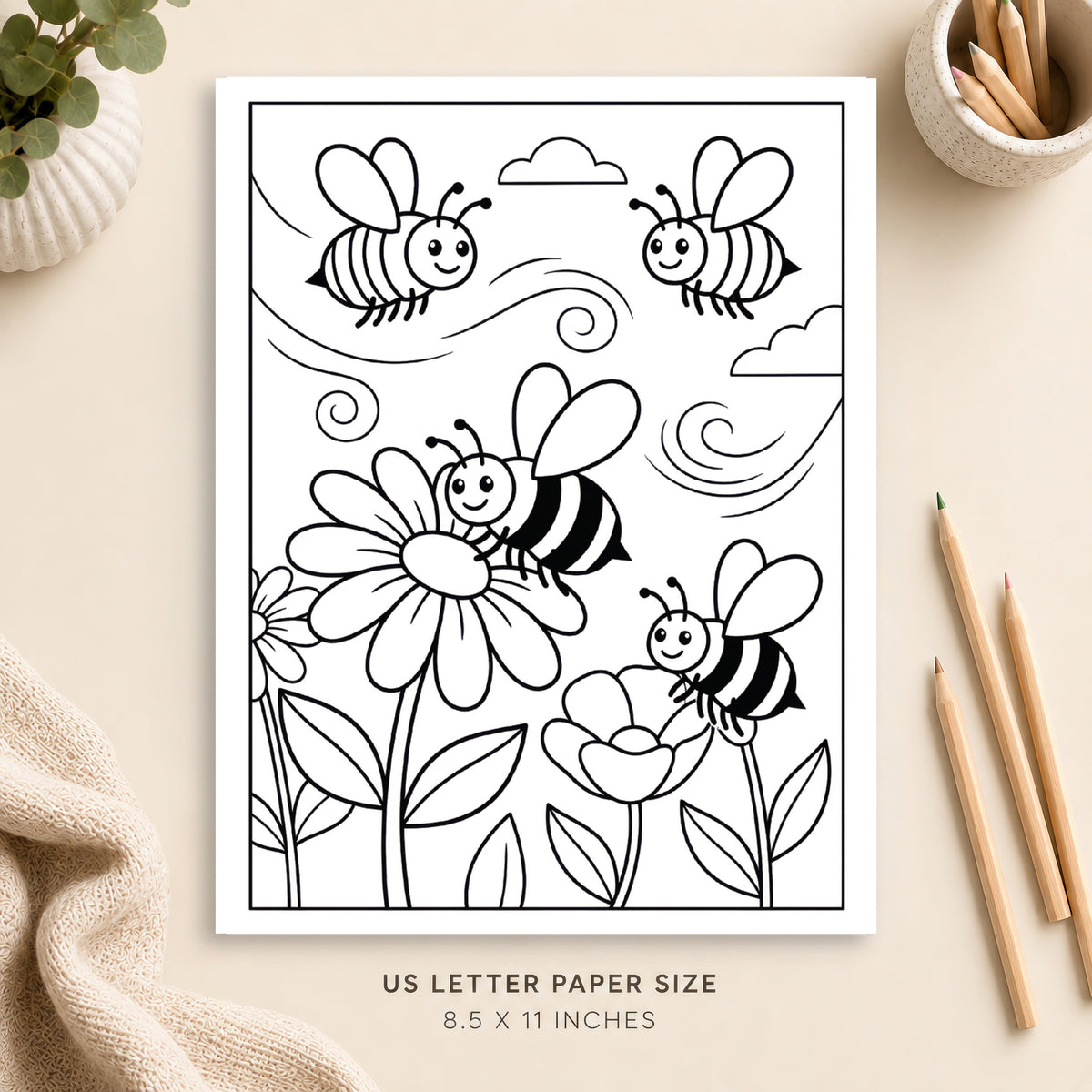 Bees and Flowers Coloring Page 4