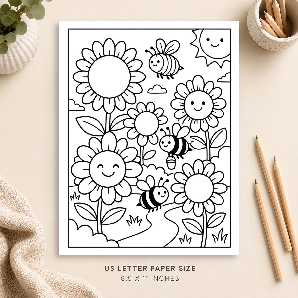 Bees and Flowers Coloring Page 5