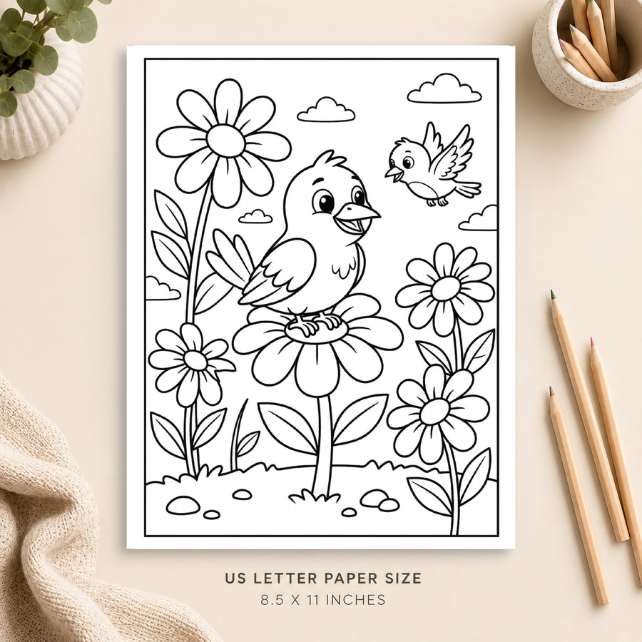 Birds and Flowers Coloring Page 1