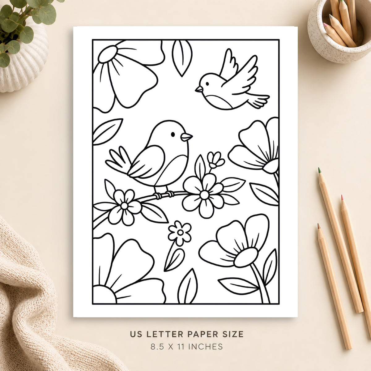 Birds and Flowers Coloring Page 2
