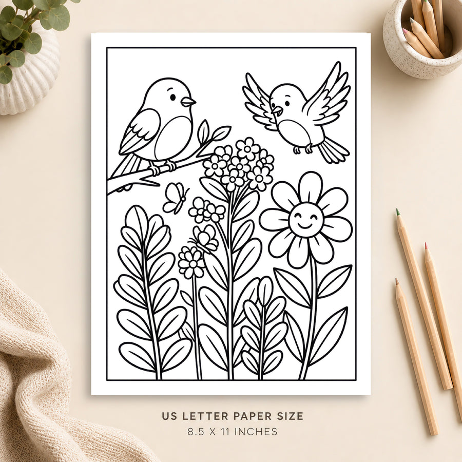 Birds and Flowers Coloring Page 4