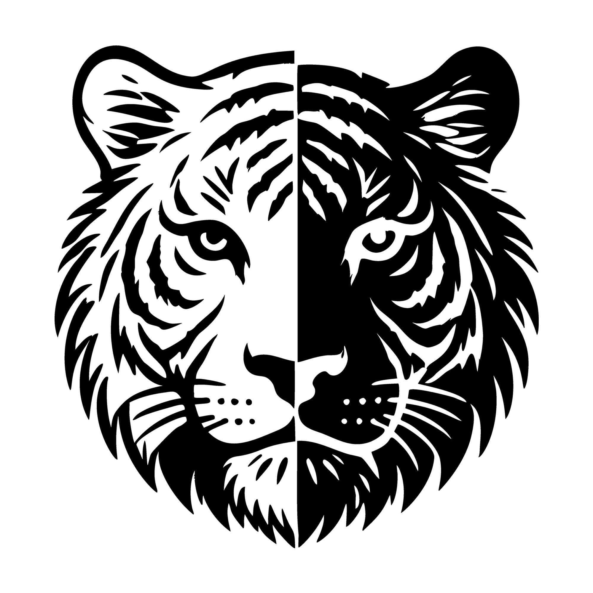 Bold Silhouette of a Tiger Head Split Design SVG design for Cricut, Silhouette, laser cutting, vinyl, sublimation, and craft projects.