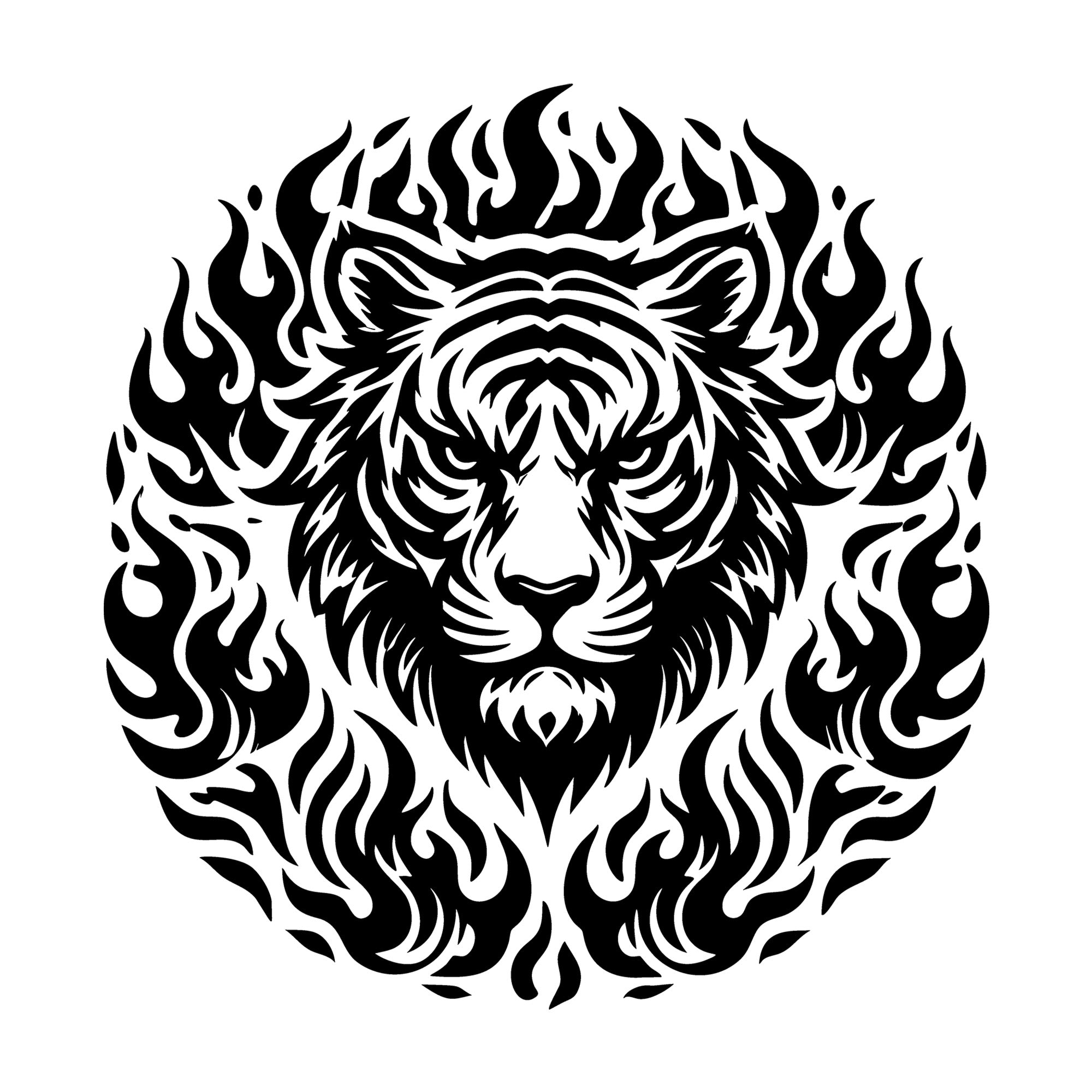 Bold Tiger Face with Fire Details SVG design for Cricut, Silhouette, laser cutting, vinyl, sublimation, and craft projects.