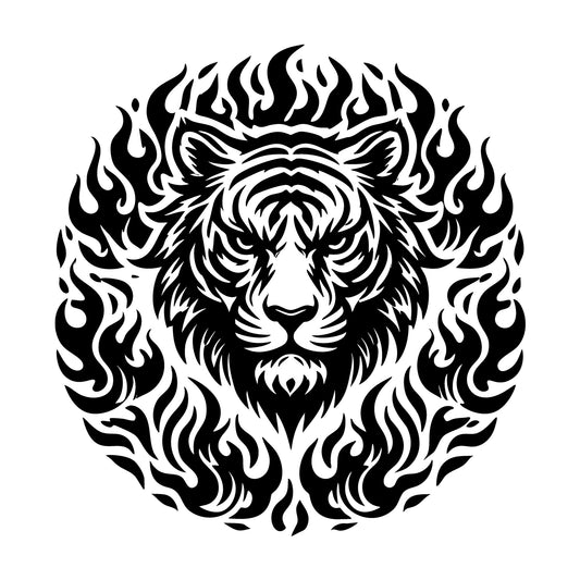 Bold Tiger Face with Fire Details SVG design for Cricut, Silhouette, laser cutting, vinyl, sublimation, and craft projects.