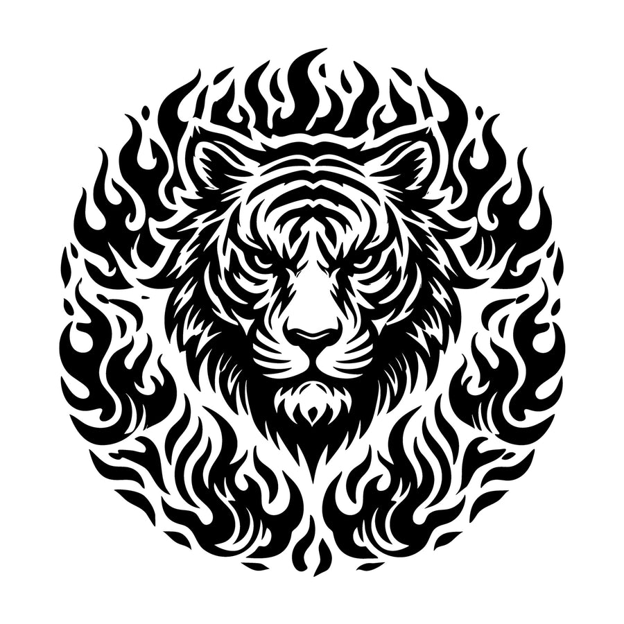 Bold Tiger Face with Fire Details SVG design for Cricut, Silhouette, laser cutting, vinyl, sublimation, and craft projects.