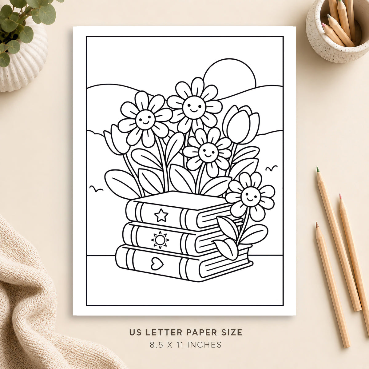 Books and Flowers Coloring Page 1