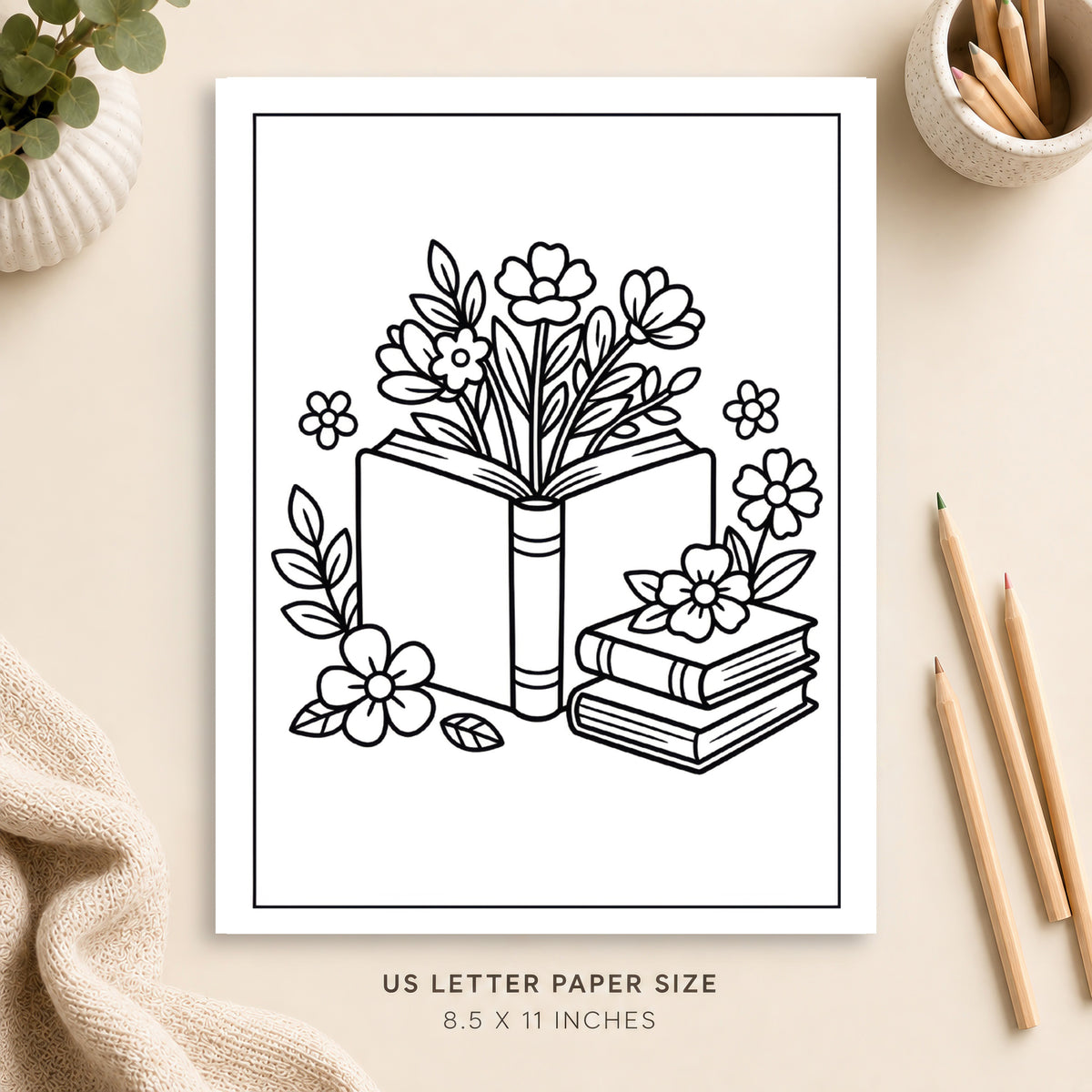 Books and Flowers Coloring Page 2