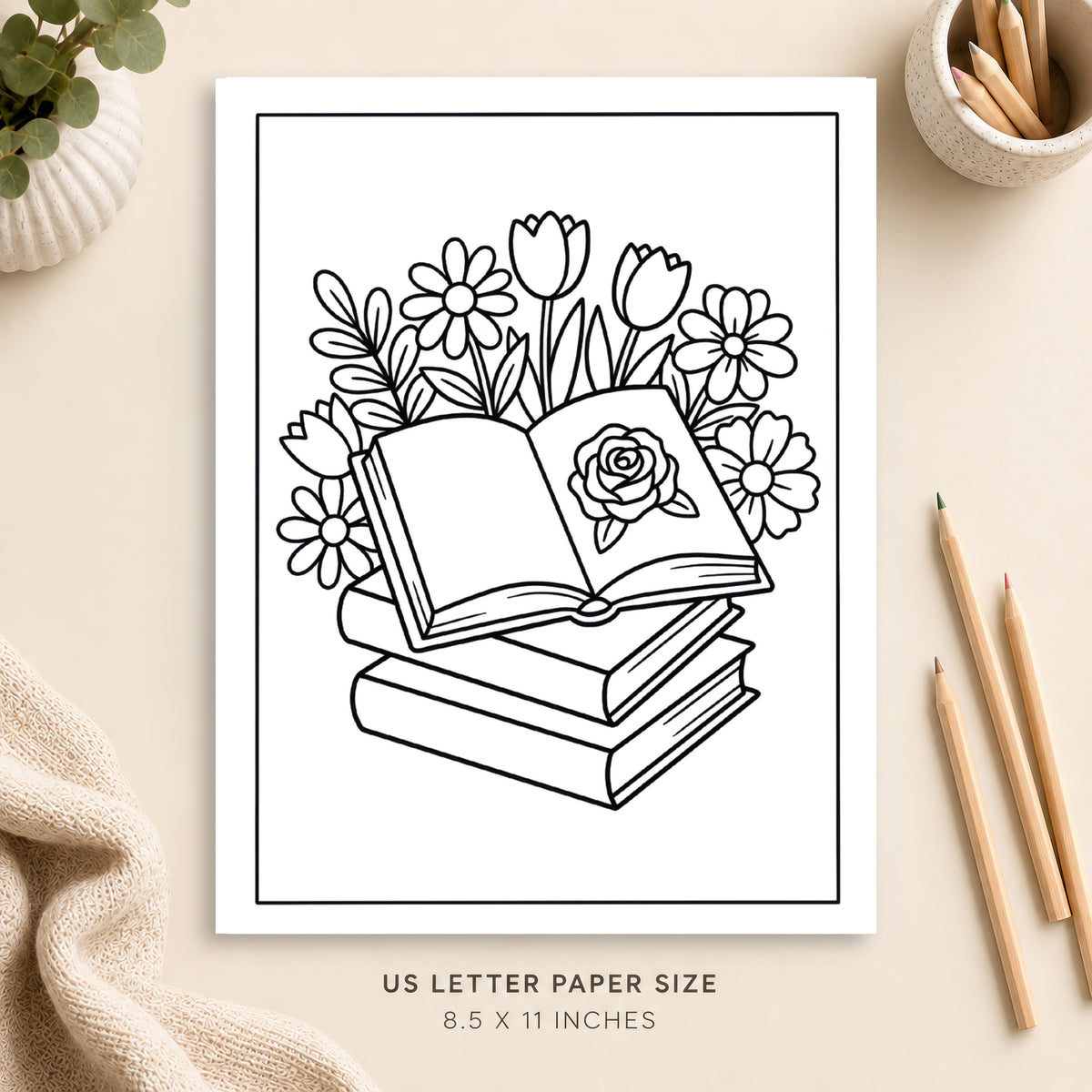 Books and Flowers Coloring Page 3