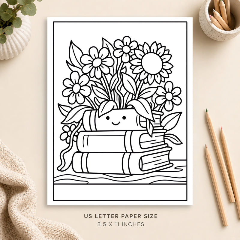 Books and Flowers Coloring Page 4