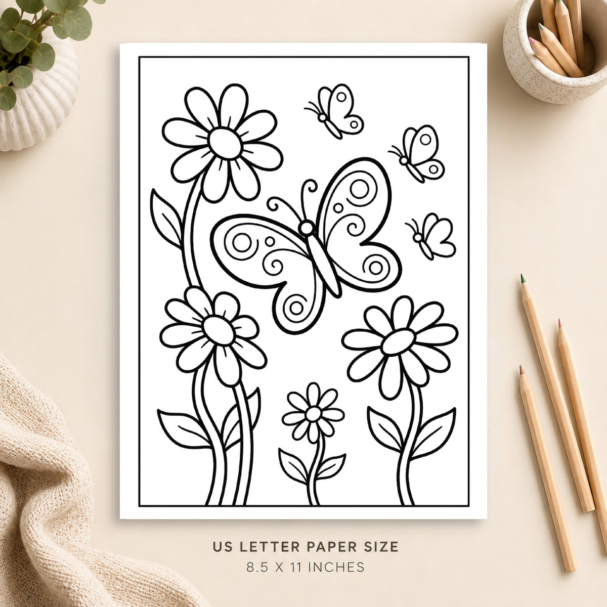Butterflies and Flowers Coloring Page 1